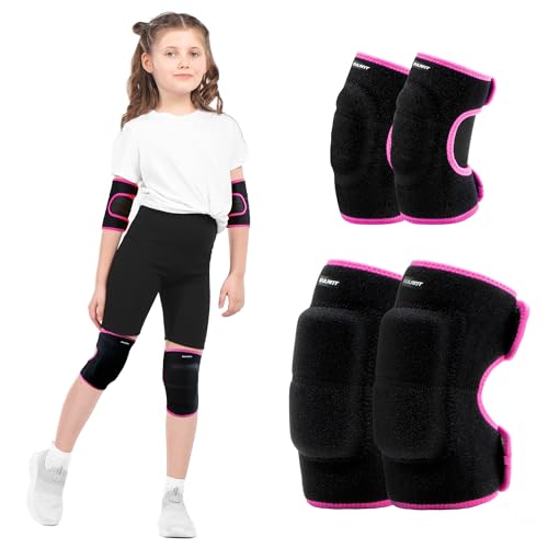 YEEKORO Knee Pads Elbow Pads Set for Kids, Youth Adjustable Knee Elbow Pads Protective Sets with Thickened SBR Pads for Riding Rollerblading Skating Skateboarding Snowboarding Volleyball?Black-Pink