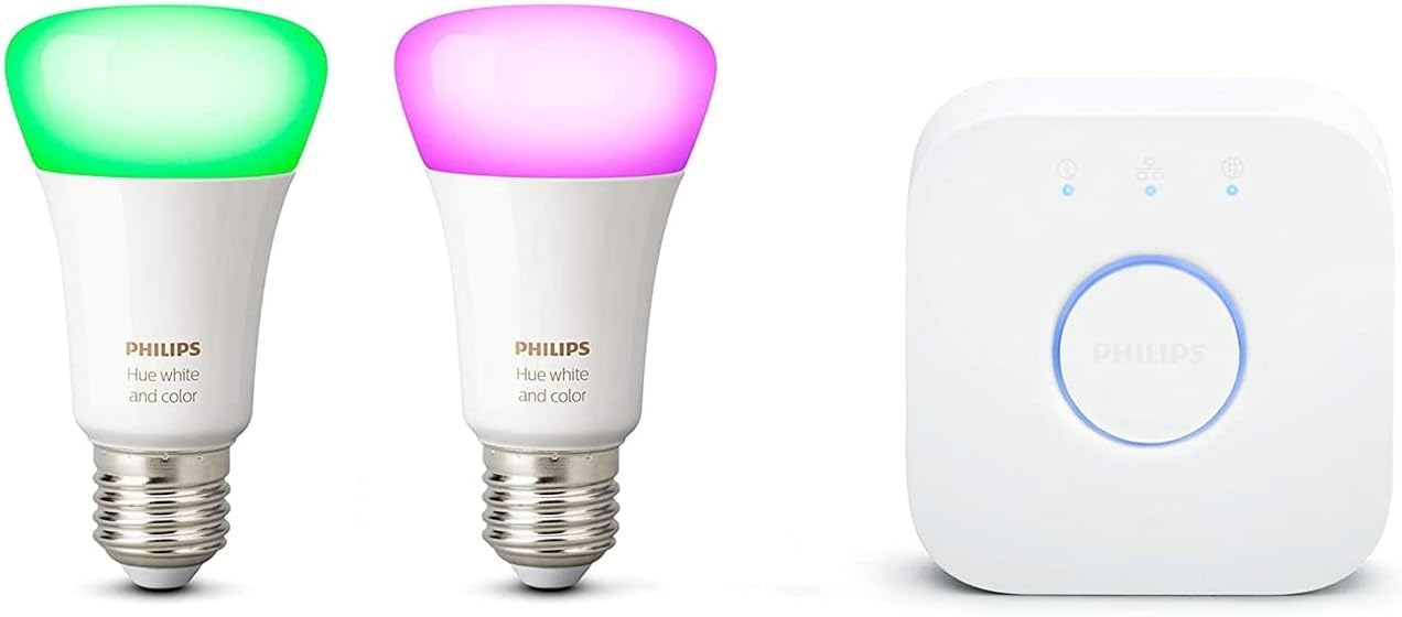 Philips Hue White and Color Ambiance Starter Kit 2 Lampadine Smart con Bluetooth Attacco E27 e un Bridge Hue per Controllo del Sistema