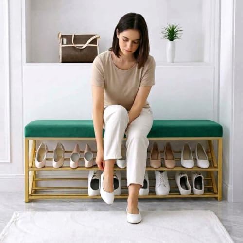 Image of Entryway Shoe Rack with Cushioned Seat, Shoe Bench for Entry, 2 Shelves Storage Bed Bench
