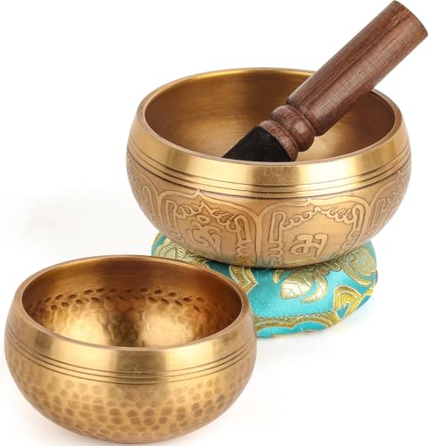 2-Pack Tibetan Singing Bowls Set – 100% Handmade in Nepal, Sound Bowl Meditation Set for Yoga, Chakra Healing, Meditation Gifts, Unique Gifts for Women (Blue, 3.15 + 4 inch)