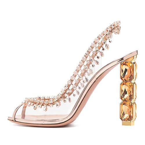 FSJ Women Clear Rhinestone Peep Toe Slingback Pumps Chunky Block High Heel Sparkling Crystal Slip On Party Dance Sexy Dress Shoes Size 4-16 US2
