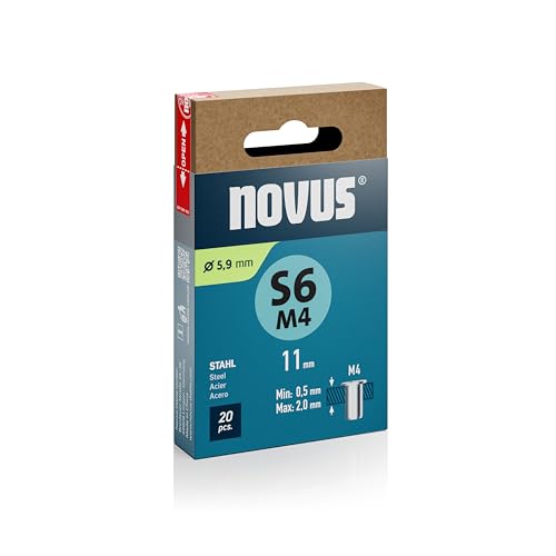 NOVUS TOOLS Dadi per rivetti ciechi in acciaio, diametro 5,9 mm, filettatura M4, lunghezza 11 mm, 20 dadi rivetti, lunghezza morsetto 0,5 – 2,0 mm, ideale per fissaggio in lamiere di acciaio e