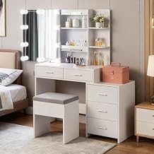 Karl home Lighted Vanity Desk with Sliding Mirror White Makeup Table with 5 Drawers, Storage Shelves, Cushioned Stool, LED Dressing Table Set for Women