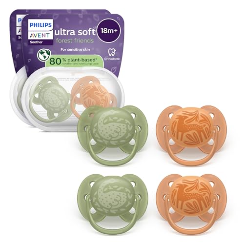 Philips Avent Ultra Soft Ciuccio - Design ortodontico, per neonati 0-18 mesi, scudo flessibile, tettarella simmetrica extra rigida in morbido silicone, senza BPA, confezione da 4, SCF093/07