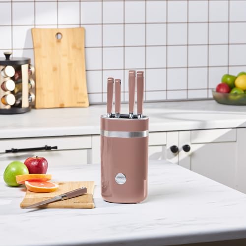 Karaca Mastermaid 6-Piece Pink Knife Set, Stainless Steel Kitchen Knife Set with Block, Colourful & Modern, Includes Chef, Slicer, Utility, and Paring Knives, Rose