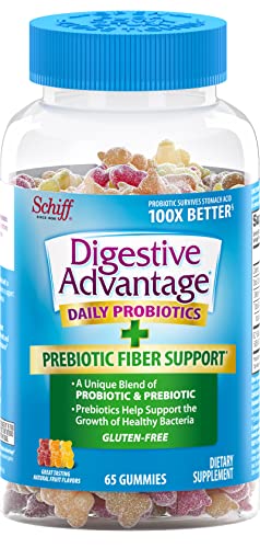 Digestive Advantage Prebiotic Fiber Gummies + Probiotics for Digestive Health, Daily Probiotics for Women & Men, Support for Occasional Bloating & Minor Abdominal Discomfort, 65ct Natural Fruit Flavor