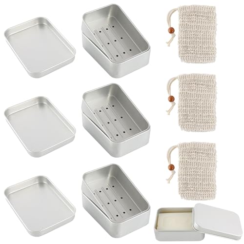 KATIMI 3 saboneteiras de viagem impermeáveis de alumínio, com grade de gotejamento, caixa de sisal, champô resistente à corrosão, armazenamento doméstico e viagens