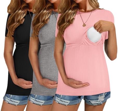 Ekouaer Womens Nursing Tops 3 Pack Short Sleeve Ribbed Breastfeeding Shirts Double Layer Maternity Shirt Pregnancy Clothes