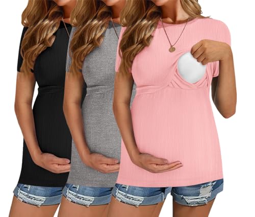 Image of Ekouaer Womens Nursing Tops 3 Pack Short Sleeve Ribbed Breastfeeding Shirts Double Layer Maternity Shirt Pregnancy Clothes