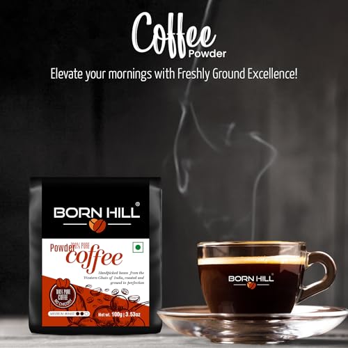 Image of BORN HILL Coffee Powder Bag 100G|Aromatic & Strong Filter Coffee Blend|Perfect For Moka Pots And Coffee Machines|Freshly Roasted & Ground|Medium Roast|0% Chicory