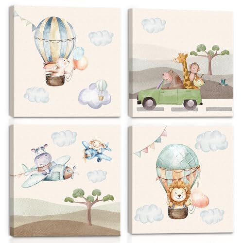 BINCUE 4 Stück Tier Beige Bilder Kindzimmer Dschungel Tier Wanddeko 40x40cm