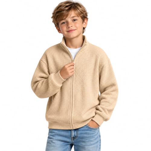 Boys Jacket Waffle Knit Zip Up Hoodie Stand Collar Sweatshirts Size 10-12 - image 1