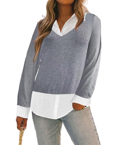 Image of Oyamiki Women's Casual Collared Curved Hem 2 in 1 Pullover Tops Plaid Contrast Shirt Blouse