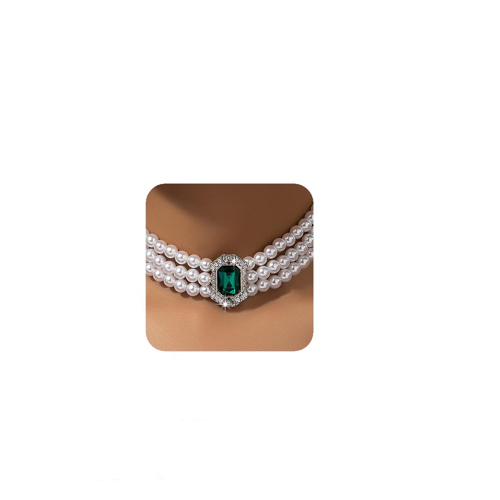 YERTTER 3-Strand Fake Pearl Necklace with Emerald Green Crystal Choker Necklace for Women Wedding Party
