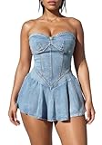 DINGANG Womens Y2K Strapless Denim Mini Dress Off Shoulder Corset Tube Pleated Ruffle Party Jean Dresses
