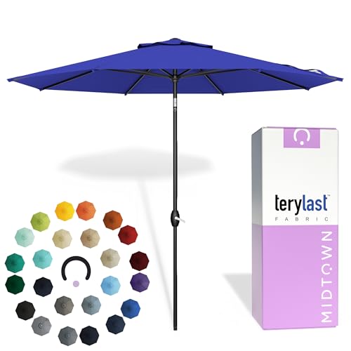 Image of Midtown Umbrellas - 10-Year-No-Fade 9 Ft Patio Umbrella with Terylast Fabric, Auto-Tilt Aluminum Frame and 8 Reinforced Ribs for Deck, Pool, Garden & Beach - Midnight Blue Canopy, Black Pole