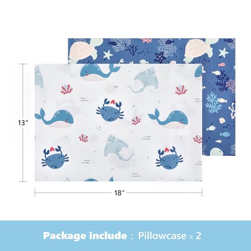 Image of TILLYOU Toddler Pillowcase 2 Pack with Envelope Closure,13 inch x 18 inch Silky Soft Microfiber Travel Kids Pillowcase for Boys and Girls, Beach Time Turtle&Manta Ray