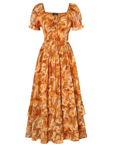 Image of Scarlet Darkness Women Floral Maxi Dress Puff Sleeve Tea Party Corset Dress | Pockets, Ruched Bust, Ruffled Hem, for Cottagecore Fairy Milkmaid Vacation