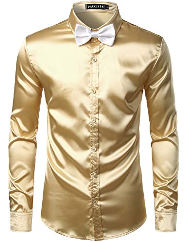PARKLEES Chemise à manches longues en satin brillant similaire à de la soie - pour homme - pour fête, soirée disco, bal de promo, champagne, XL