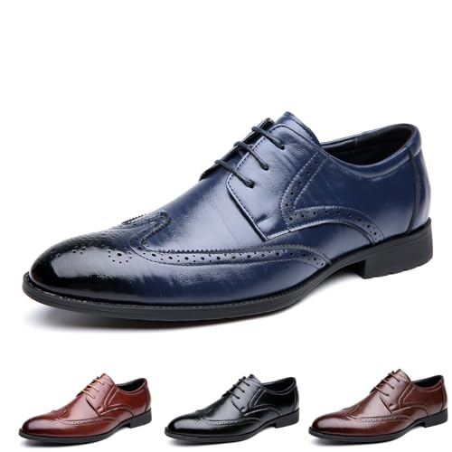 Men's Leather Wingtip Carving Brogue Formal Block Heel Oxford Shoes Classic Pointed Toe Low Top Lace up Low Heel Business Dress Oxford Shoes for Wedding Work