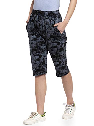 Image of UZARUS Women's Girls Cotton Three Fourth Capri Shorts with Two Zippered Pockets Black Checked