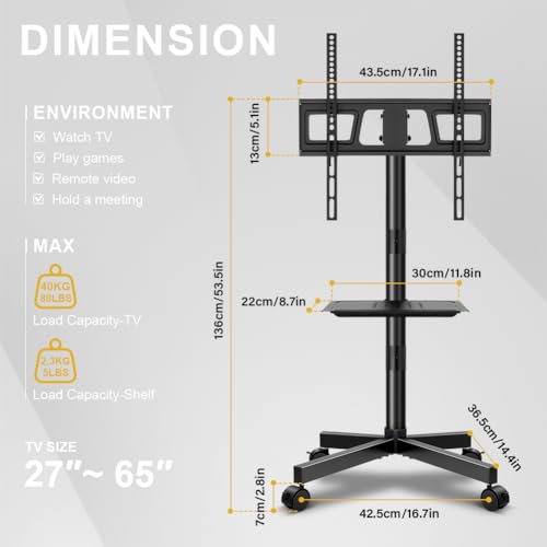 Image of WKWKER Mobile TV Cart Rolling TV Stand for 23-65 Inch LCDLED Flat Panel Curved Screen TVs up to 88lbs Height Adjustable Shelf Portable Floor TV Stand with Wheels Rolling Floor Stand Max VESA 400X400mm