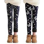 JinBei Thermal Leggings for Girls Fleece Lined Thick Warm Winter Pants Soft Stretchy Comfortable Elasticated Waistband Cute Printed Pattern Children Length Trousers 2 Pack Ages 6-7 Years
