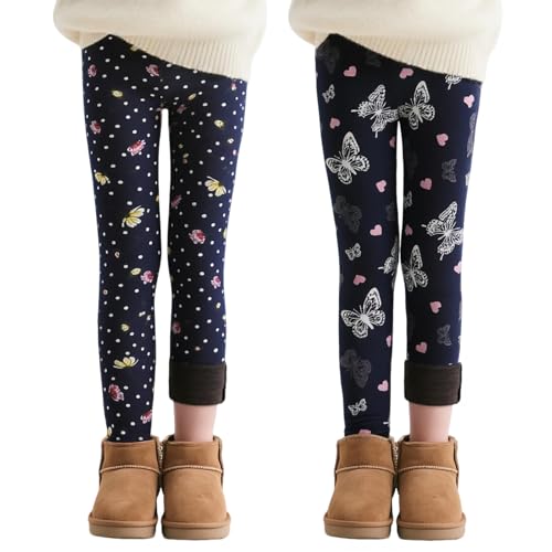 JinBei Thermal Leggings for Girls Fleece Lined Thick Warm Winter Pants Soft Stretchy Comfortable Elasticated Waistband Cute Printed Pattern Children Length Trousers 2 Pack Ages 9-10 Years