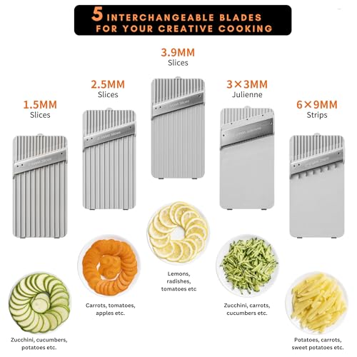 Brieftons Safe Mandoline Vegetable Slicer with 5 Removable Blades to Slice, Julienne, Chip, Chop, Dice Veggies/Fruits, Injury-Free Design, with Catch Container, Cleaning Brush, 5 Recipe Ebooks