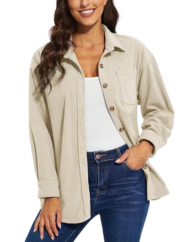 Image of TACVASEN Women's Shirts Casual Corduroy Boyfriend Shirt Stylish Button Up Shacket Winter Long Sleeve Shirts with Pocket Beige,2XL