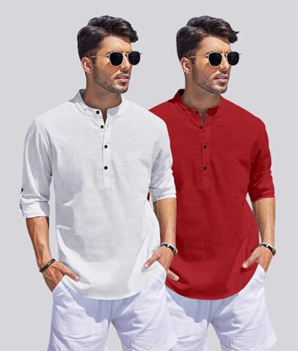 Image of Men's Cotton Blend Straight Kurta Shirt Combo with Mandarin Collar - Slim Fit Casual Short Kurti Set Featuring Textured Slub Fabric and Roll-Up Full Sleeves
