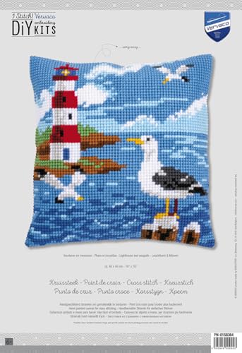Image of Vervaco Cross Stitch Embroidery Kits Pillow Front for Self-Embroidery with Embroidery Pattern on 100% Cotton and Embroidery Thread, 15,75 x 15,75 Inches - 40 x 40 cm, Seagulls
