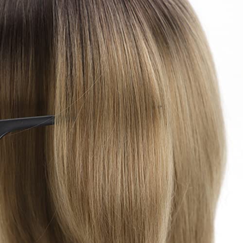 Renershow Short Ombre Blonde Wig With Bangs Layered Straight Bob Synthetic Wigs For Women Mixed Blond Wig With Dark Roots Natural Looking Daily Party Wig(14Inch) #TOP4