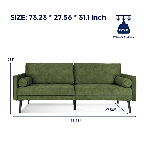 Vonanda Velvet Sofa Couch, Mid Century Modern Craftsmanship 73 Inch 3-Seater Sofa With Comfy Tufted Back Cushions And 2 Bolster Pillows For Compact Living Room, Elegant Mustard Green #TOP1
