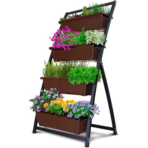 Support à Fleurs Flower Pots, 4-Ft Raised Garden Bed - Vertical Garden Freestanding Elevated Planters 4 Container Boxes, Flower Pots Étagère à plantes(Brown)