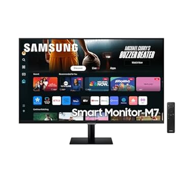 Samsung Smart Monitor M7 (S32DM702), Flat 32'', 3840x2160 (UHD 4K), Smart Hub con app di streaming, Office 365, Gaming Hub, Speaker integrati, Telecomando, WiFi, HDMI, USB-C