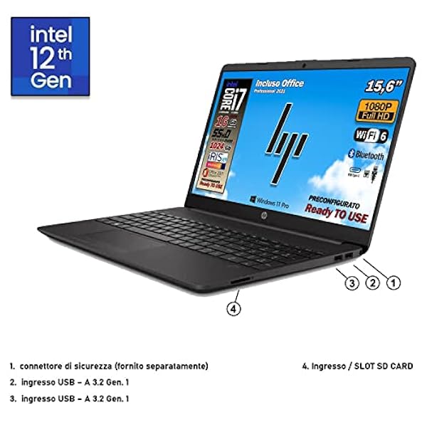 HP 250 G9, Pc portatile notebook, Intel Core i7 12Th, 10 cORe, Ram 16Gb, SSD 512Gb HDD 500 Gb, Display 15.6" Full HD, Win 11 Pro, Pacchetto Office 2021, portatile pronto all'uso, Garanzia Italia