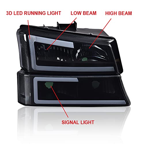 Image of GRAND ORANGE LED Headlight Assembly DRL Compatible with Chevy Silverado 1500 2500 3500 HD Models 2003-2006 / Fit Avalanche 1500 2500 03-06 Smoky lens Headlamp Black Housing Clear Reflector