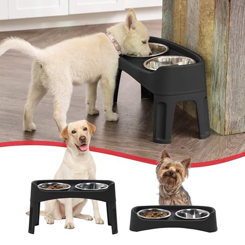 IRIS USA Elevated Dog Bowls Adjustable Stand, Raised Feeding Station with 2 Stainless Steel 64 oz Bowls, Spill Guard, Dual Height 12.25" or 4.63", Made in USA, Black by IRIS USA - Image 5