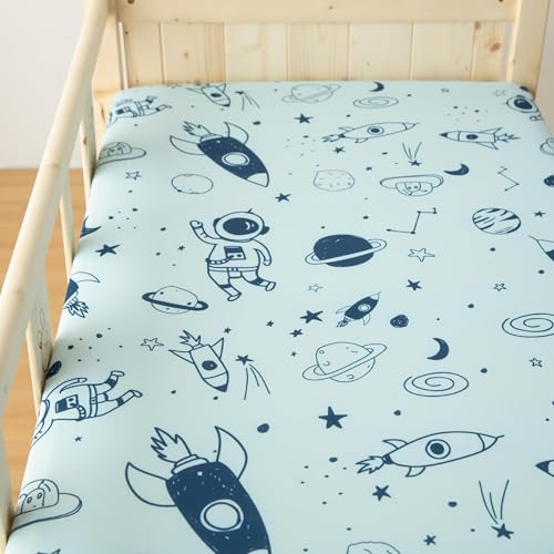 Image of SDIII 2 Pack Astronaut Space Crib Sheets for Boys Girls 52x28 Stretchy Microfiber Jersey Knit Space Sheet for Standard Crib and Toddler Mattress