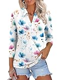 ZHENWEI Women's V Neck Collared Tops 3/4 Sleeve Polo Shirts Casual Business Work Blouse Tunic White Floral