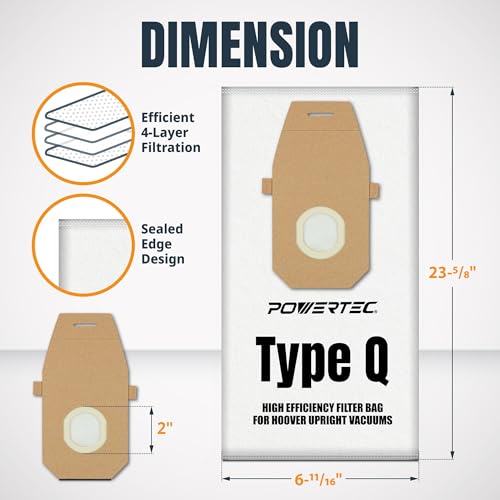 Image of POWERTEC Type Q HEPA Vacuum Bags 2 Pack for Hoover Upright UH30010COM, UH30010, CH50400 Vacuum Cleaners, Replacement Dust Filter Bag for AH10000, 902419001 (75140)