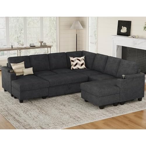 Belffin Modular Sectional Sleeper Sofa Bed with Storage Chaise L Shaped Sectional Couches for Living Room Armrest with Cup Holder. Dark Grey Couch Dark Grey Sleeper 1
