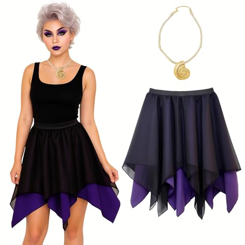 Damen Ursula Rock Kostüm Erwachsene Halloween Meerjungfrau Halskette Arielle Schwarz Lila (XL-2XL)