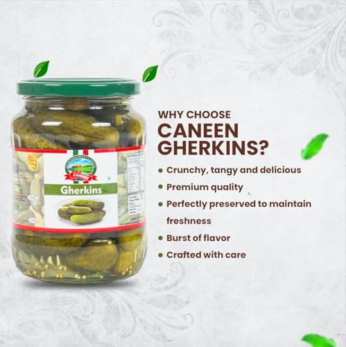Image of CANEEN Gherkins 680g in Glass Jar | Crunchy, Tangy Pickles | Perfect for Snacks & Sandwiches | pack of 1