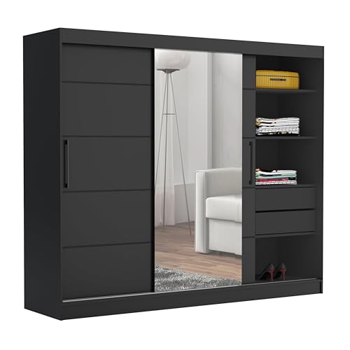 Brent - Kleiderschrank mit Spiegel 235cm Breit, Kleiderschrank mit Schubladen Chelsea Tomy, Schiebeschrank für Schlafzimmer, Schrank Schlafzimmer - Kleiderschrank Schwarz