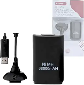 Bateria Recarregável para Controle Xbox 360 com Cabo USB, Ni-MH 6800mAh, Preta, 35 Horas de Autonomia