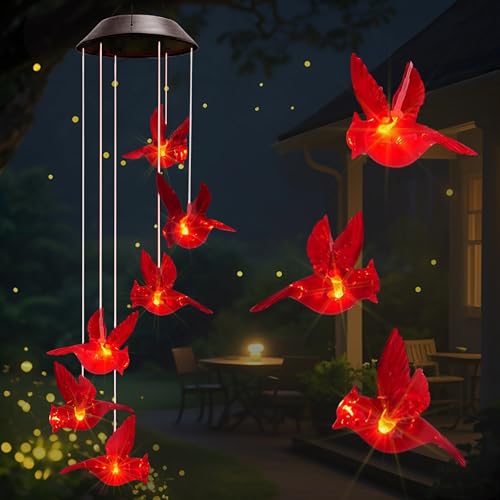 Cardinal Solar Wind Chimes for Outside,(26.7” deep) Cardinal Solar Hanging Lights Outdoor,Garden Decor for Patio Yard Garden Home,Gifts for Mother