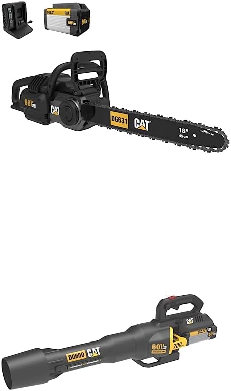 Cat 60V Brushless Chain Saw + Brushless Leaf Blower 700 CFM 135 MPH Leaf Blower Cordless with Battery and Charger,Adjustable Speed Blowers for Lawn Care DG631 DG650.9– Battery & Charger Included