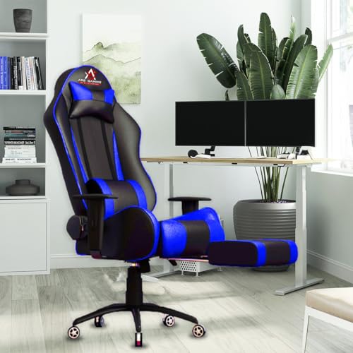 Image of ASE GAMING Gold Series Ergonomic Gaming Chair with Footrest Premium PU Leather, Adjustable Neck & Lumbar Pillow, 180 Degree Recline with Black Metal Base with 3 Years Warranty (Blue)